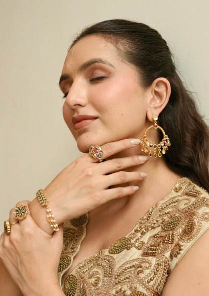 Rangrez Navratna Silver Chandbali Earrings