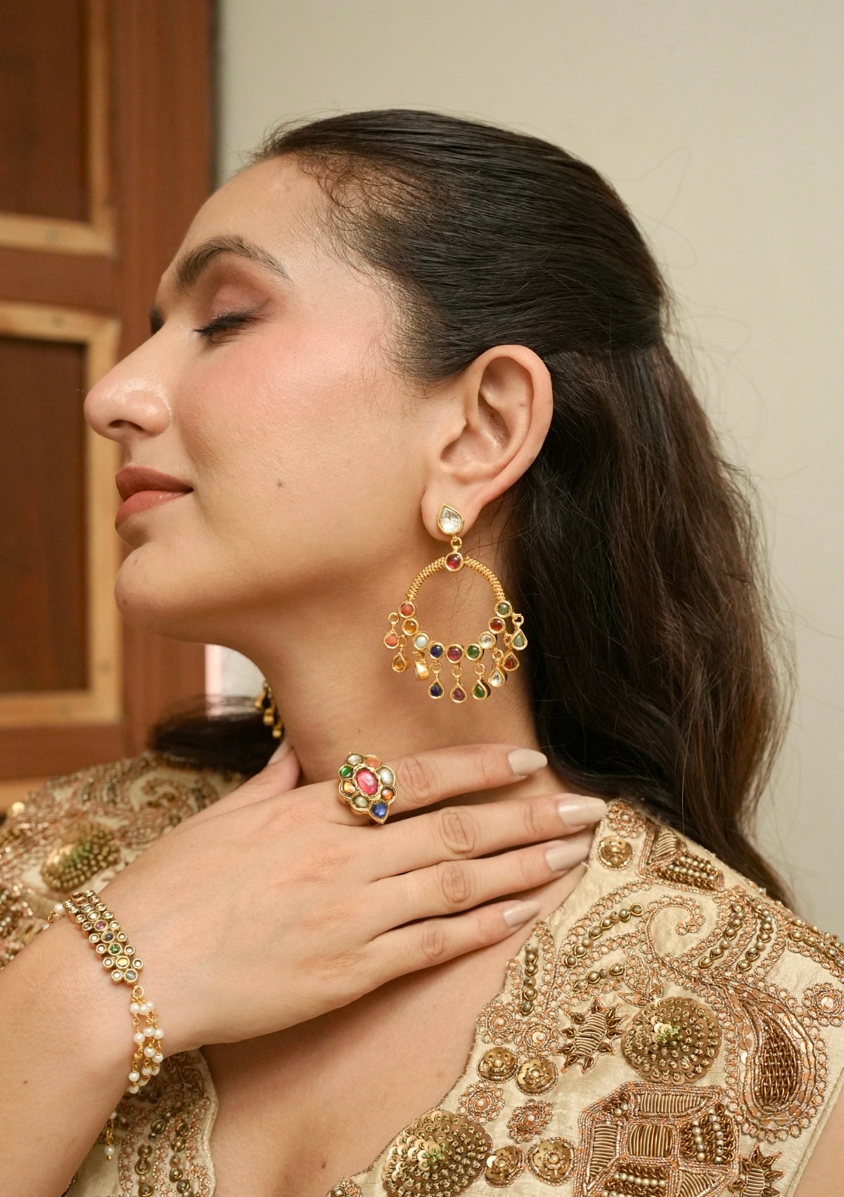 Rangrez Navratna Silver Chandbali Earrings