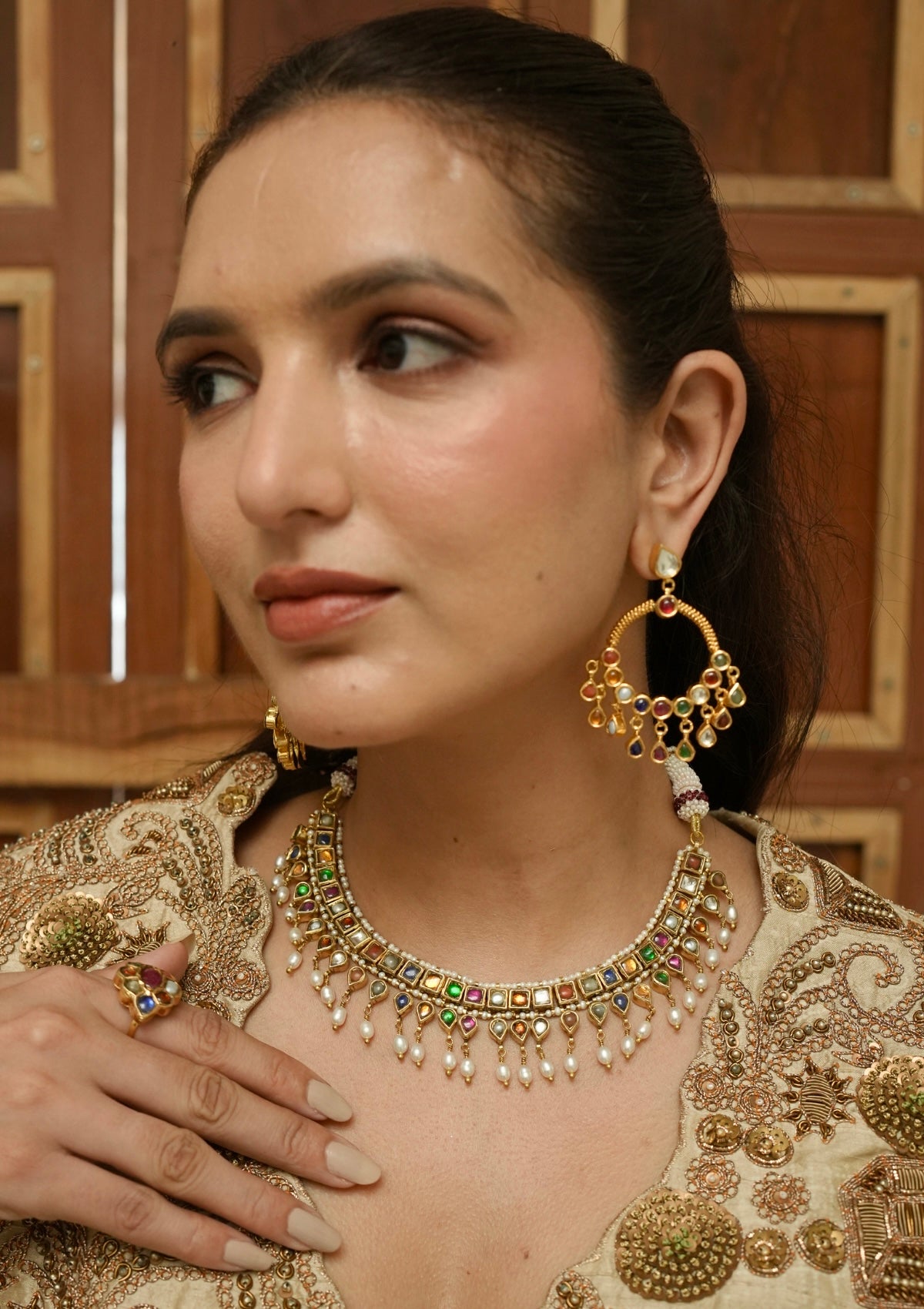 Rangrez Navratna Silver Chandbali Earrings