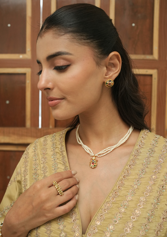 Gulbahaar Navratna Silver Pearl Necklace