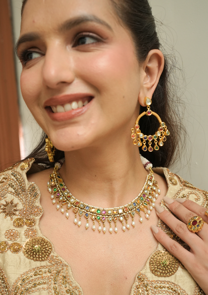 Rangrez Navratna Silver Chandbali Earrings