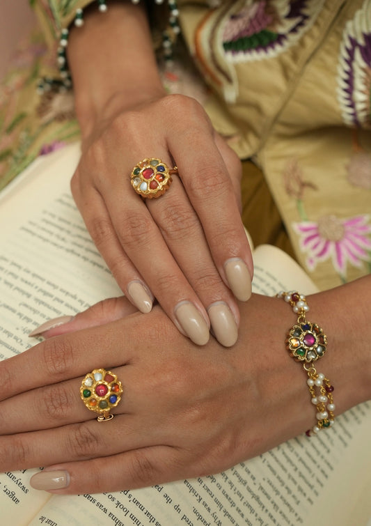 Gulbahaar Navratna Silver Ring