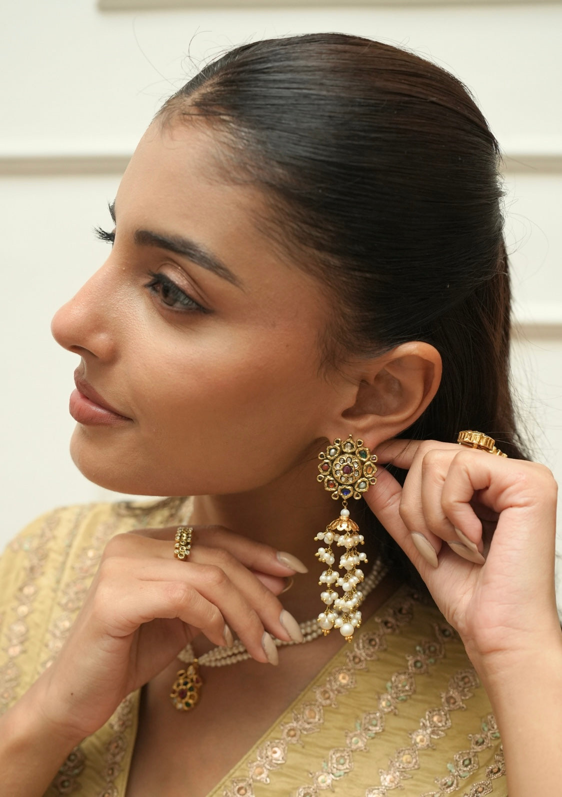 Kusum Navratna Silver Jhumki Earrings