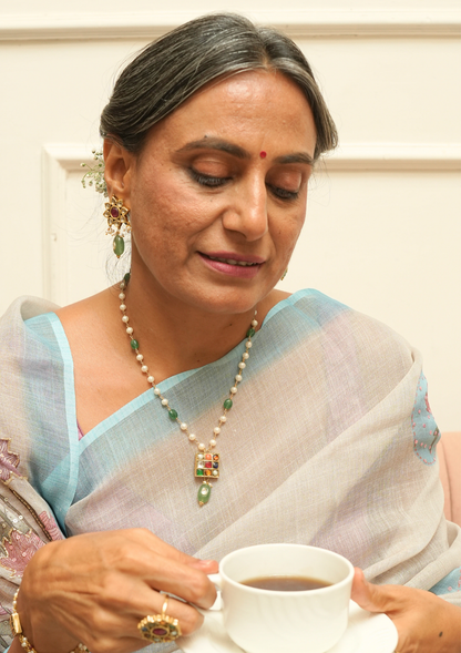 Navya Navratna Silver Pearl Necklace