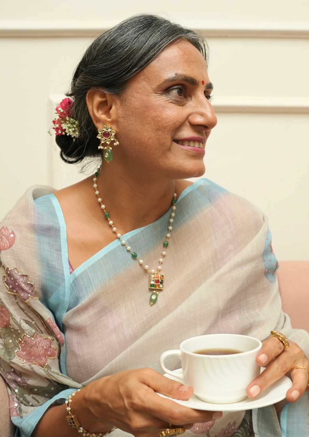 Navya Navratna Silver Pearl Necklace