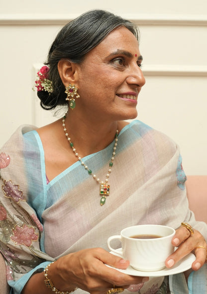 Navya Navratna Silver Pearl Necklace