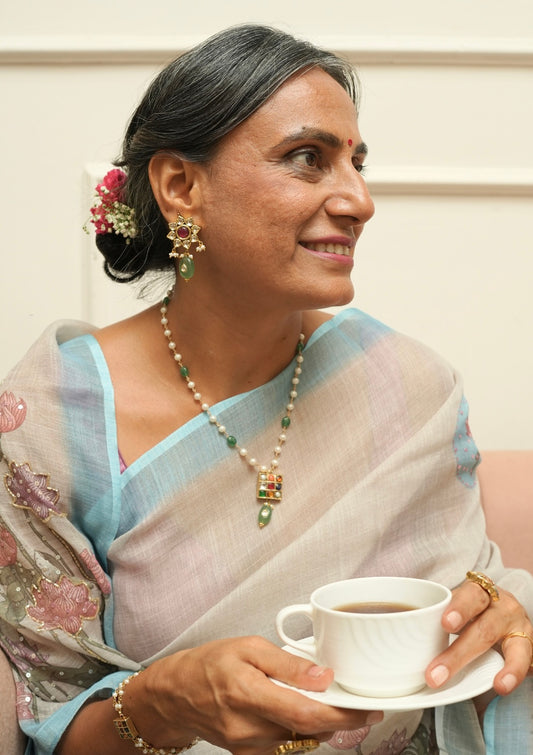 Navya Navratna Silver Pearl Necklace