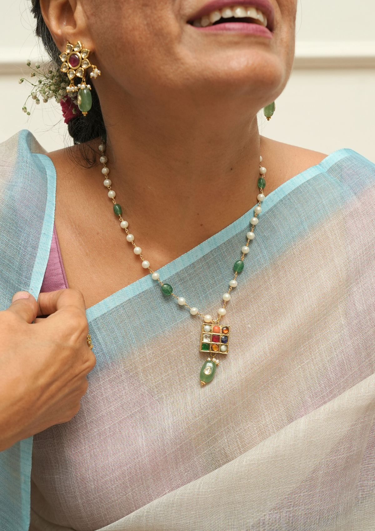 Navya Navratna Silver Pearl Necklace