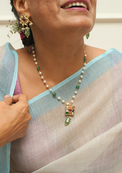 Navya Navratna Silver Pearl Necklace