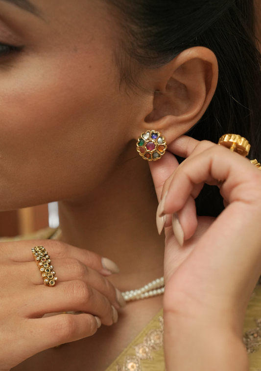 Gulbahaar Navratna Silver Stud Earrings