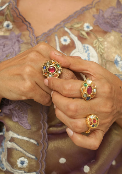 Gulbahaar Navratna Silver Ring