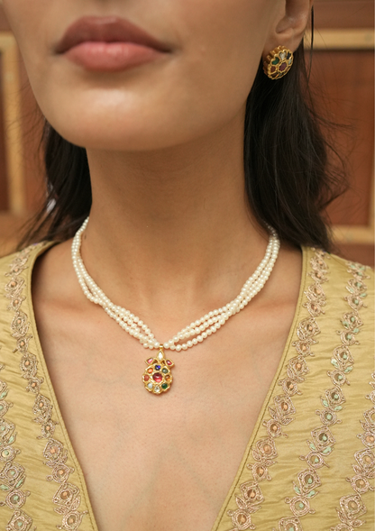 Gulbahaar Navratna Silver Pearl Necklace