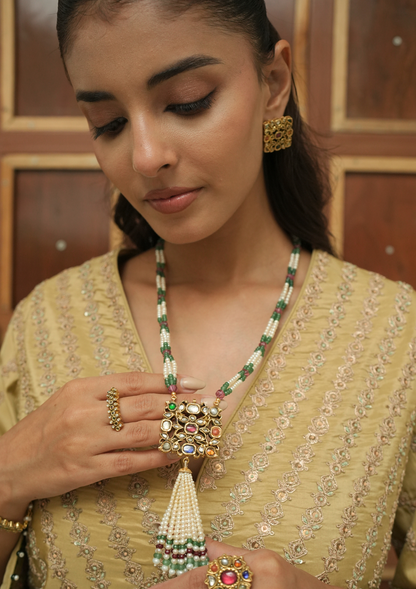Saanjh Navratna Silver Tassel Necklace