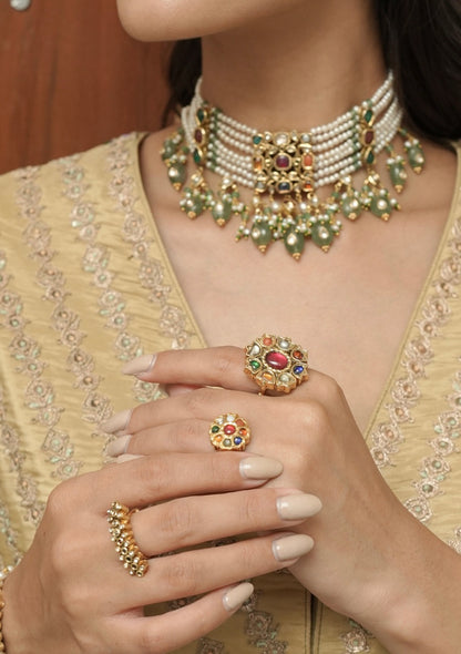 Gulbahaar Navratna Silver Ring