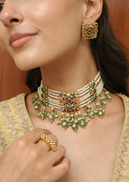 Rangmahal Navratna Silver Choker Necklace