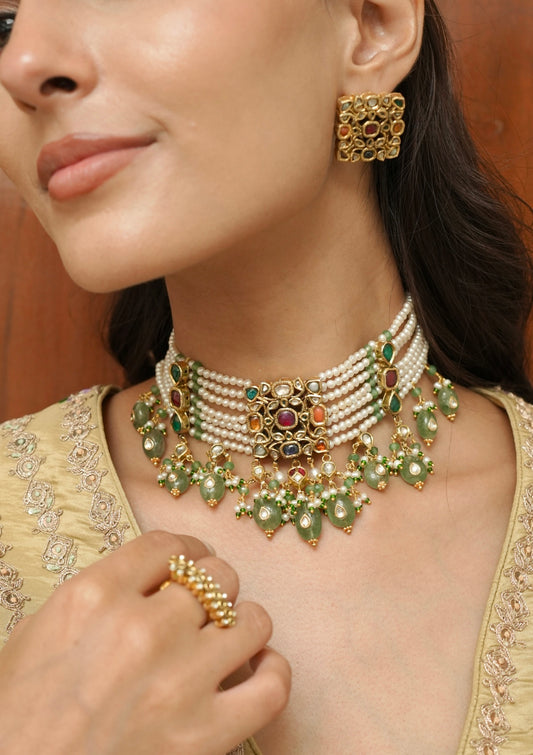 Rangmahal Navratna Silver Choker Necklace