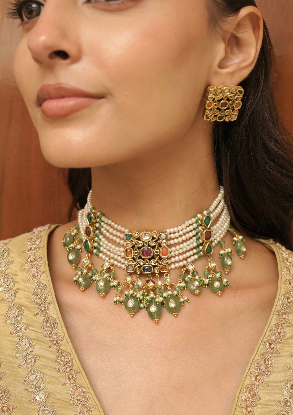 Rangmahal Navratna Silver Choker Necklace