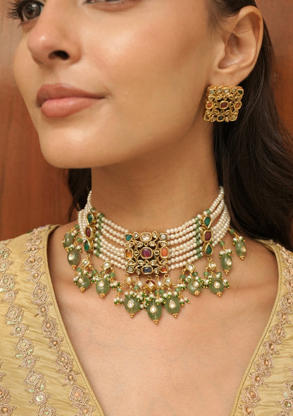 Rangmahal Navratna Silver Choker Necklace
