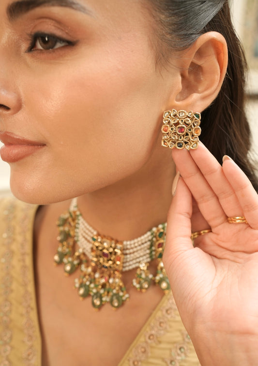 Rangmahal Navratna Silver Stud Earrings