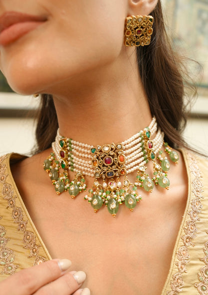 Rangmahal Navratna Silver Choker Necklace