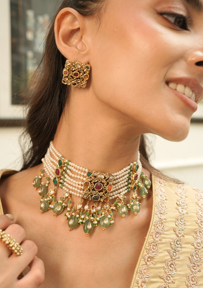 Rangmahal Navratna Silver Choker Necklace