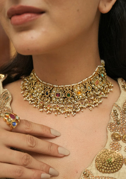 Rajvika Navratna Silver Necklace