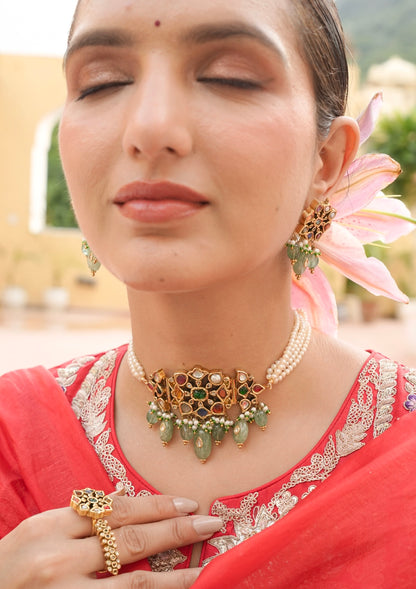 Devyani Navratna Silver Choker Necklace