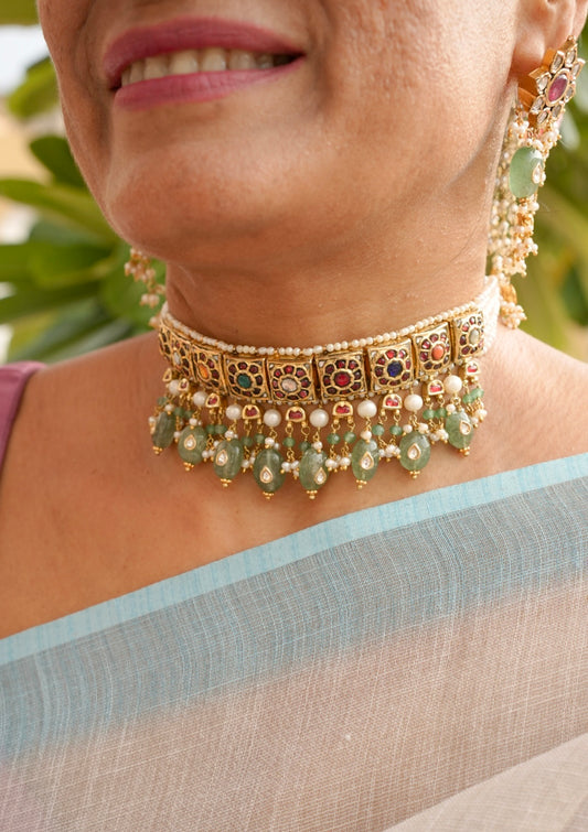 Amrapali Navratna Silver Choker Necklace