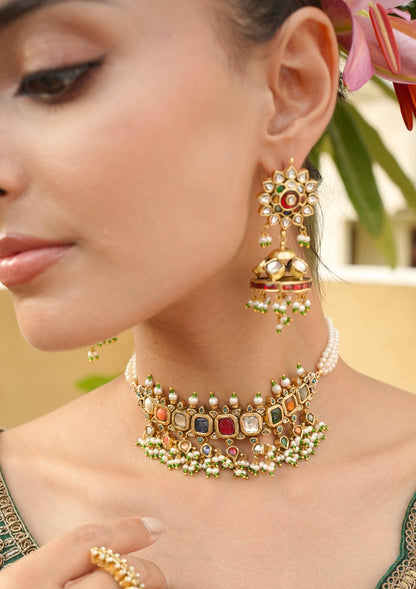 Vamika Navratna Silver Choker Necklace