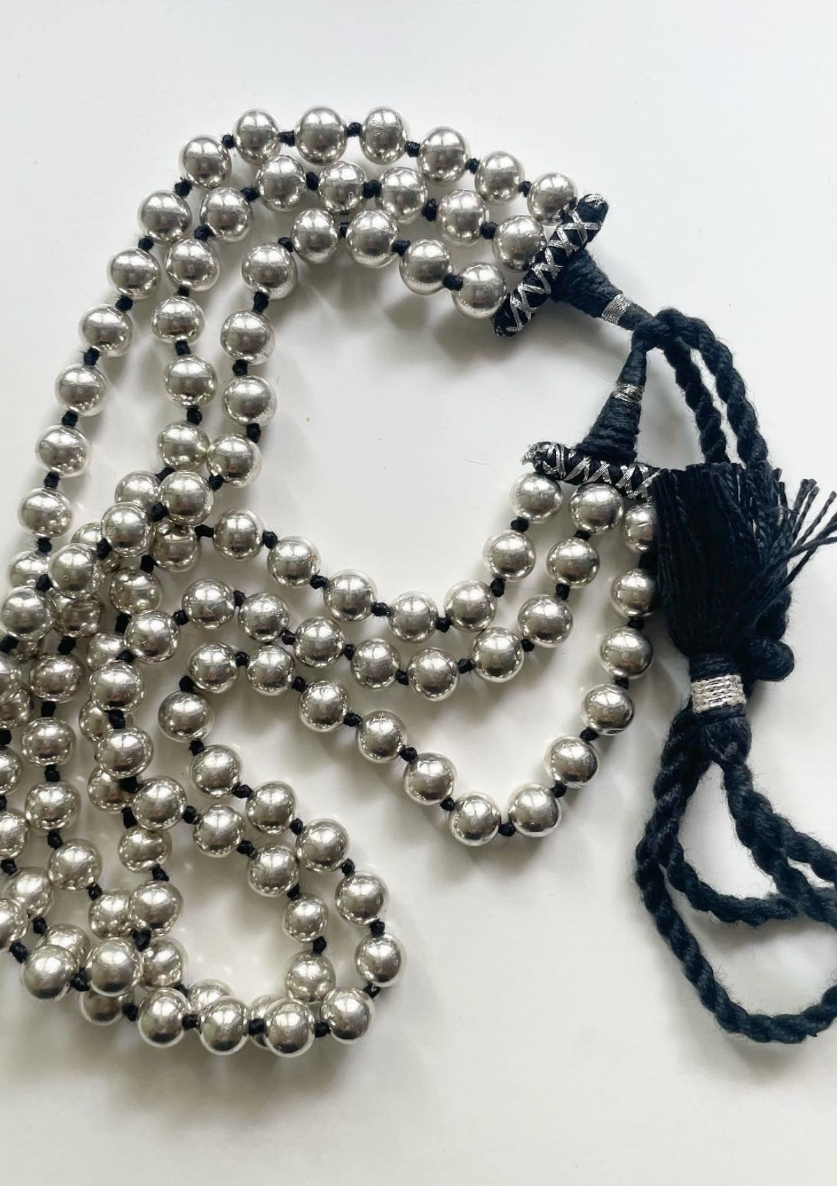 Round Three Layer Dholki Beads Silver Necklace